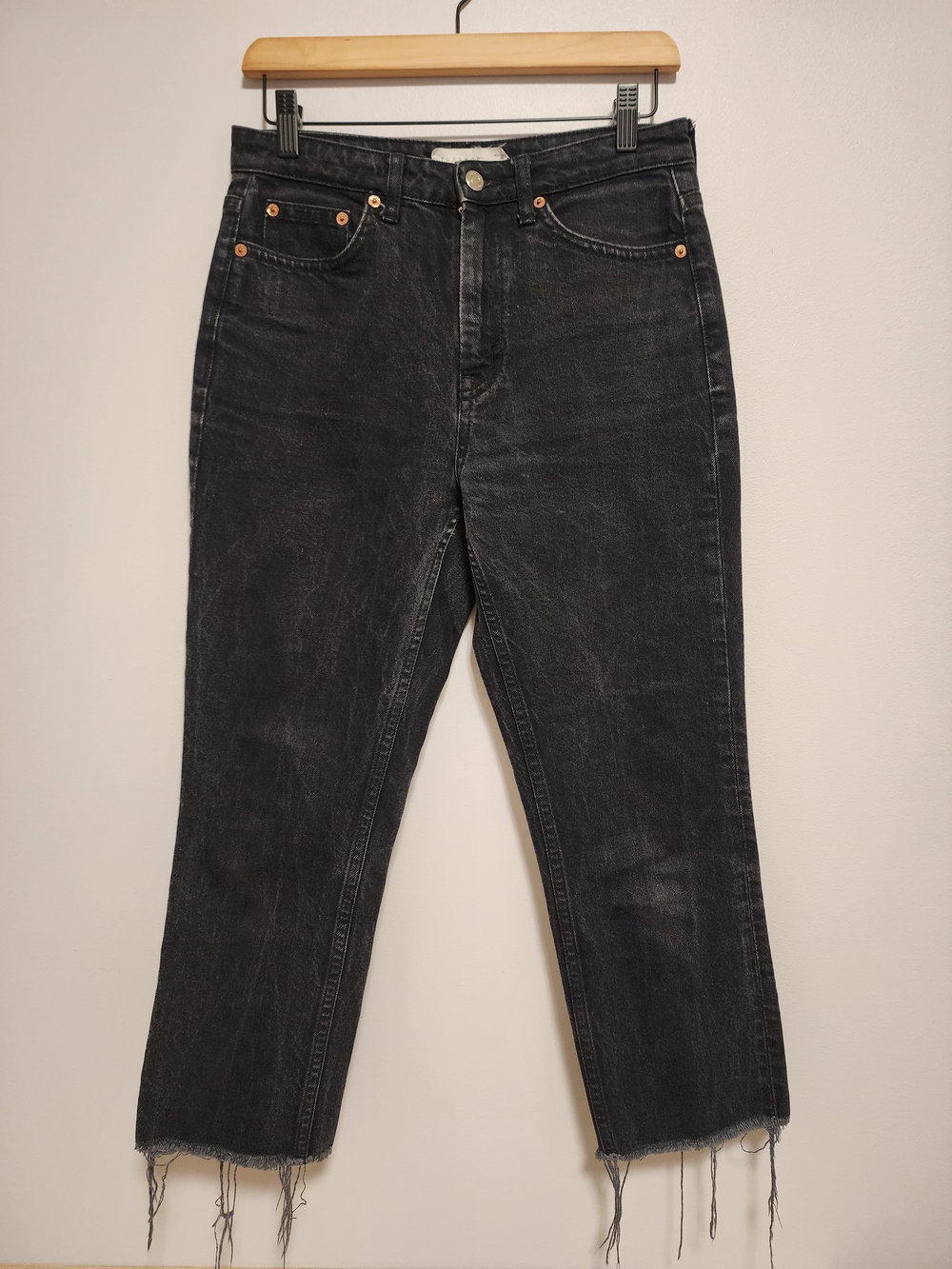 Topshop Black Acid Wash Straight Leg Raw Hem Jeans W28 L30 Grunge Streetwear